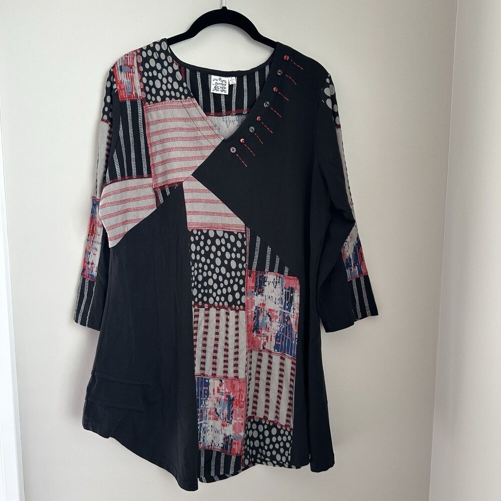 Parsley & Sage Patchwork Top Womens Large Tunic Black Red Mixed Media Boho Artsy
